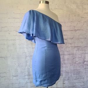 NWOT Revolve Capulet Linen Ruffle One Shoulder Mini Dress Blue Small